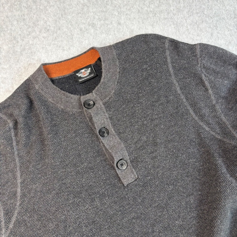 Harley Davidson‎ Gray Button Henley Sweater Long Sleeve Knit Pullover Men's L
